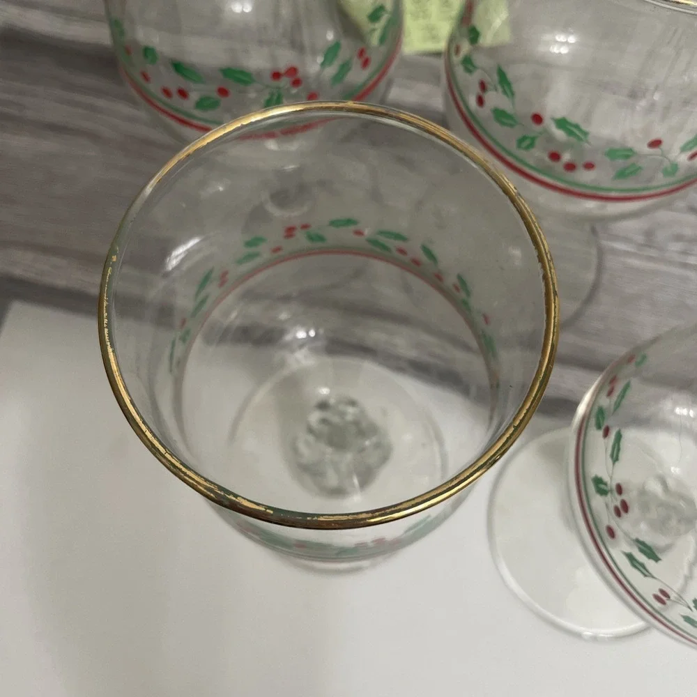 Arby's Christmas holiday Glasses Gold Rim‎ Holly Berries Set of 6  10oz 1986